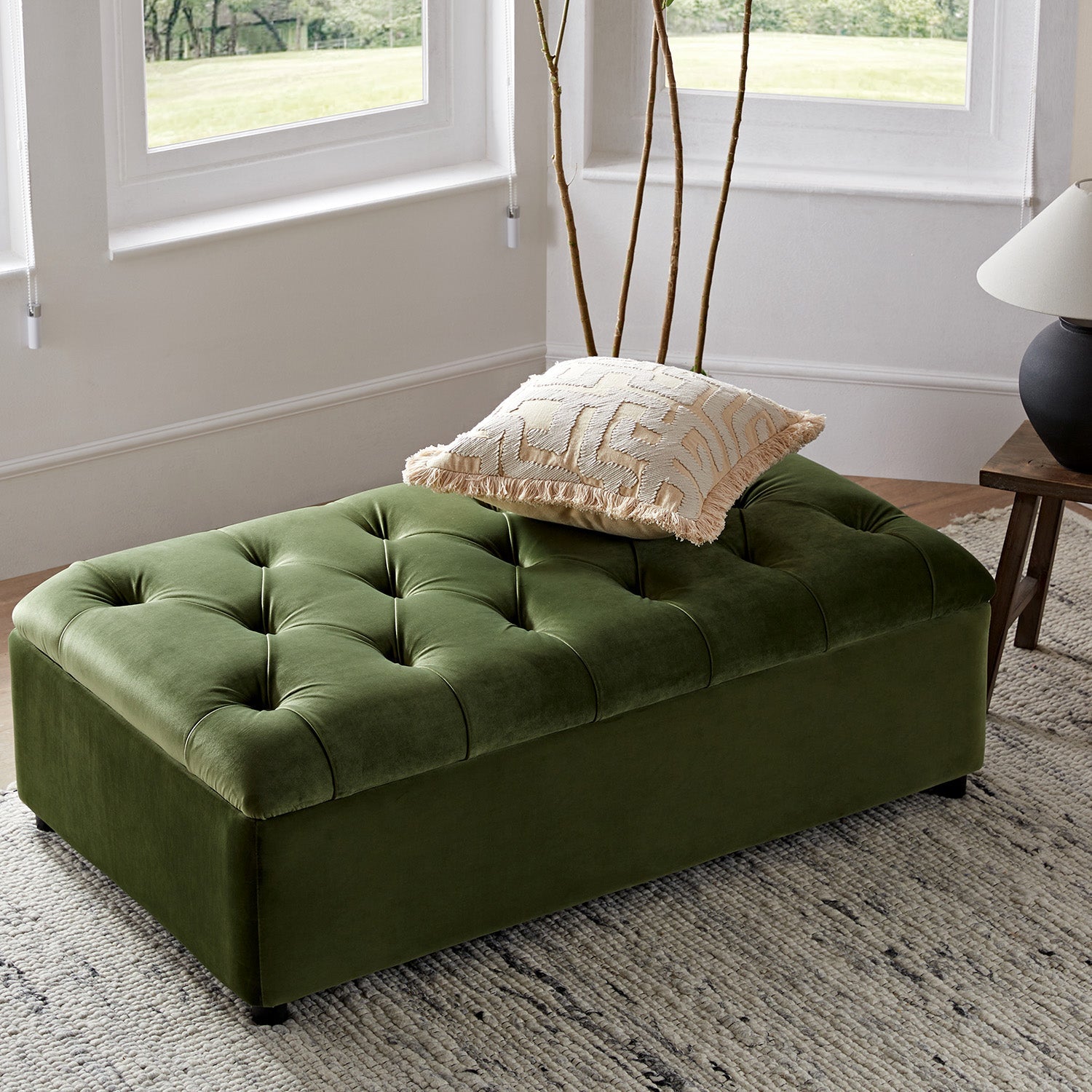 Portland Full size Buttoned Fold-Out Bed in Ottoman, Moss Green Velvet