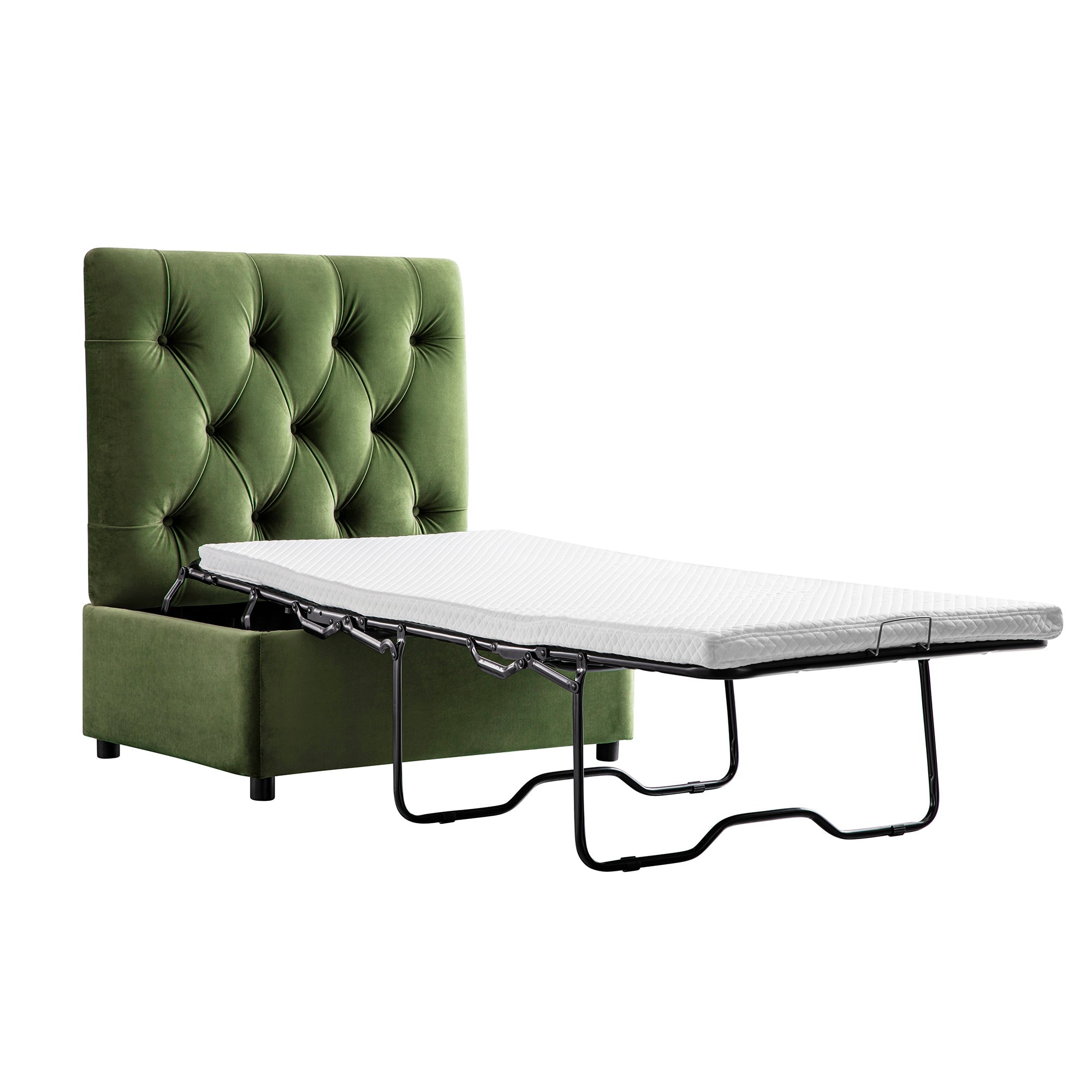 Portland Twin Buttoned Fold-Out Bed in Ottoman, Moss Green Velvet