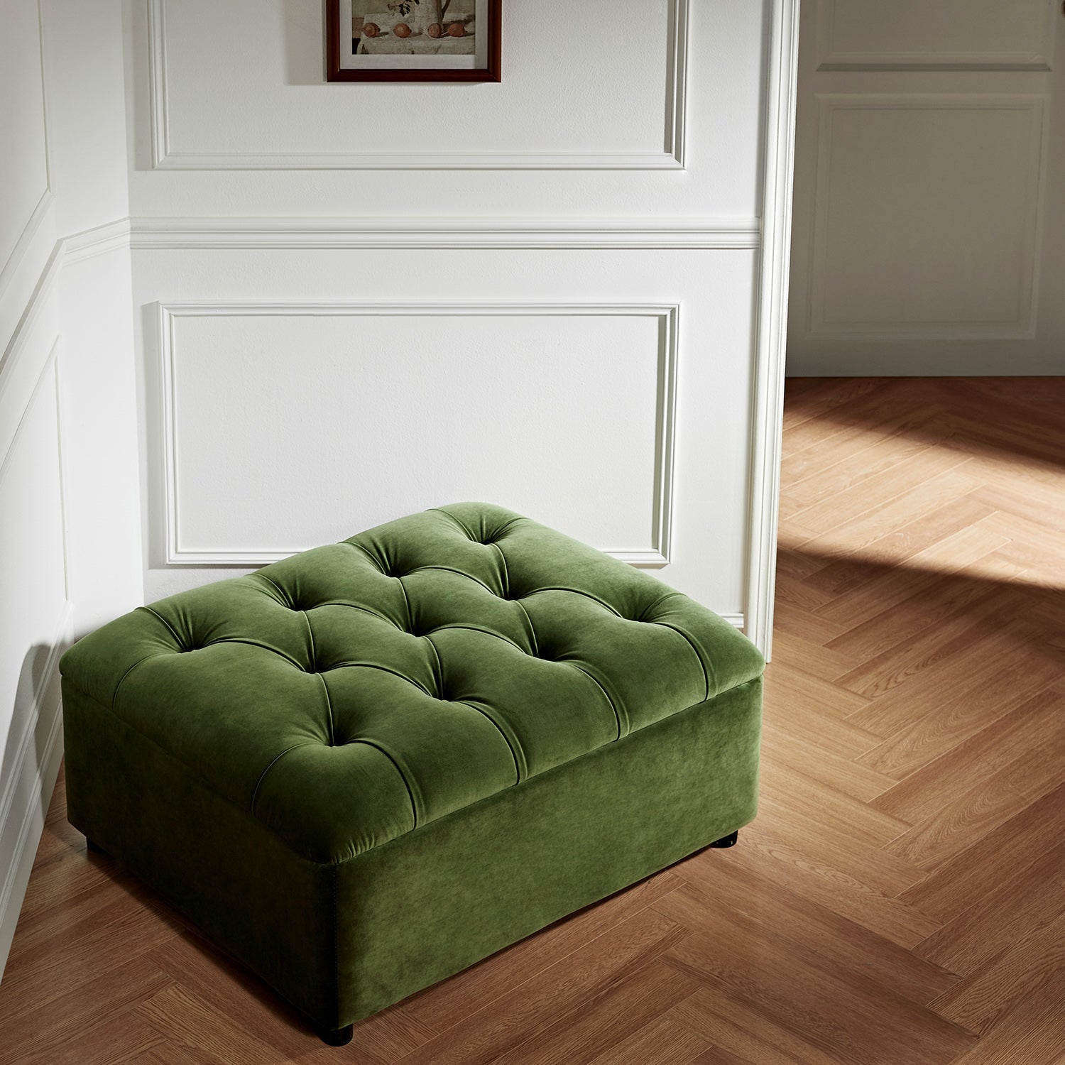Portland Twin Buttoned Fold-Out Bed in Ottoman, Moss Green Velvet