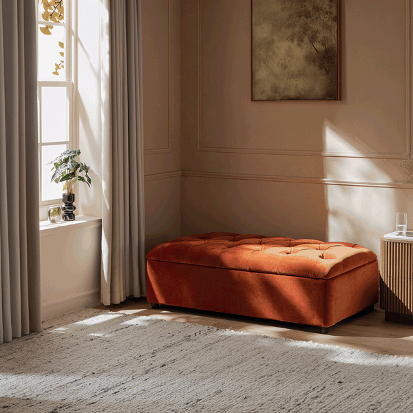Portland Full size Buttoned Fold-Out Bed in Ottoman, Rust Velvet