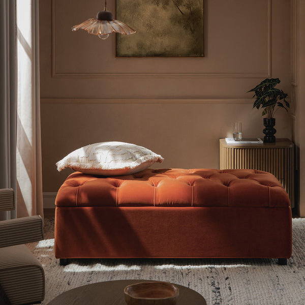 Portland Full size Buttoned Fold-Out Bed in Ottoman, Rust Velvet