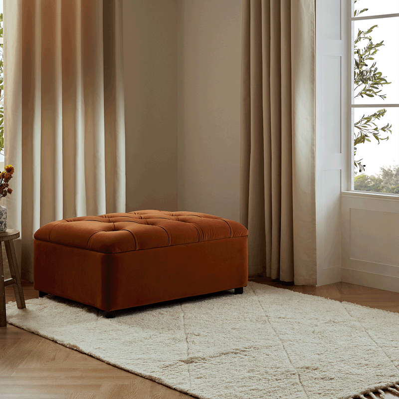 Portland Twin Buttoned Fold-Out Bed in Ottoman, Rust Velvet