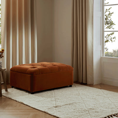 Portland Twin Buttoned Fold-Out Bed in Ottoman, Rust Velvet