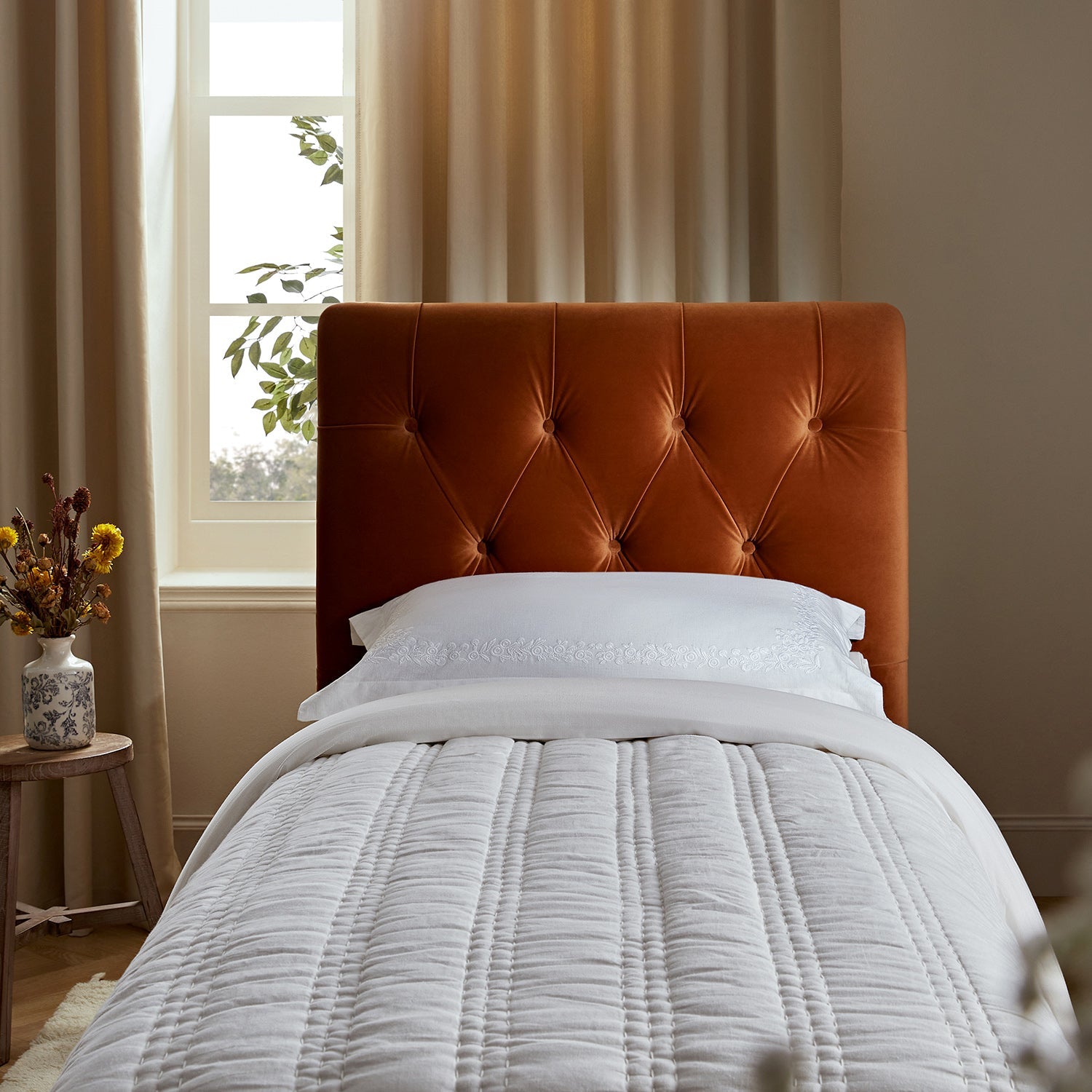 Portland Twin Buttoned Fold-Out Bed in Ottoman, Rust Velvet