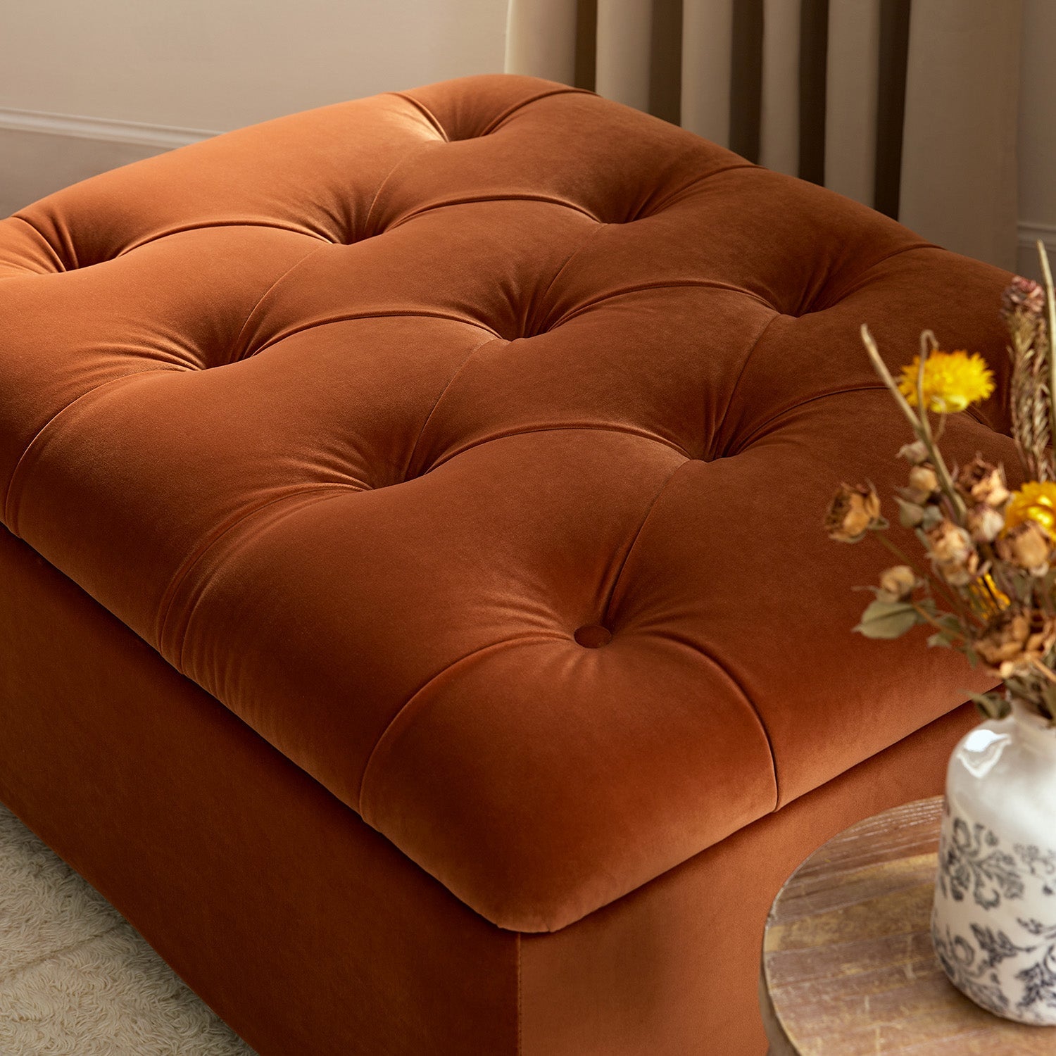 Portland Twin Buttoned Fold-Out Bed in Ottoman, Rust Velvet