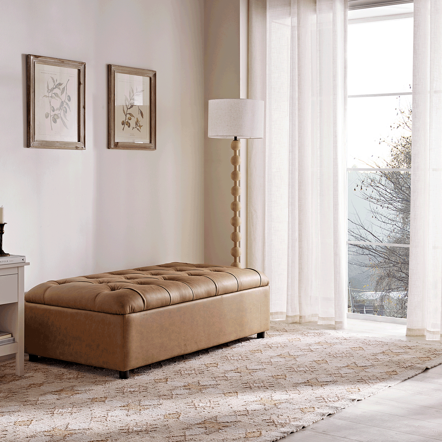 Portland Full size Buttoned Fold-Out Bed in Ottoman, Tan Faux Suede