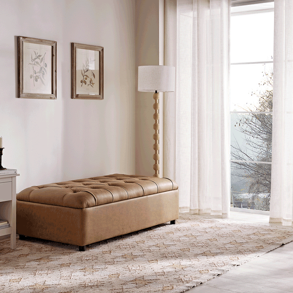 Portland Full size Buttoned Fold-Out Bed in Ottoman, Tan Faux Suede