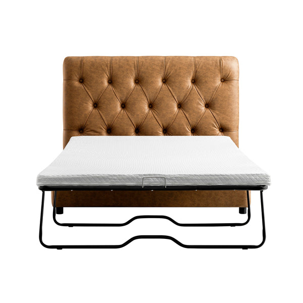 Portland Full size Buttoned Fold-Out Bed in Ottoman, Tan Faux Suede