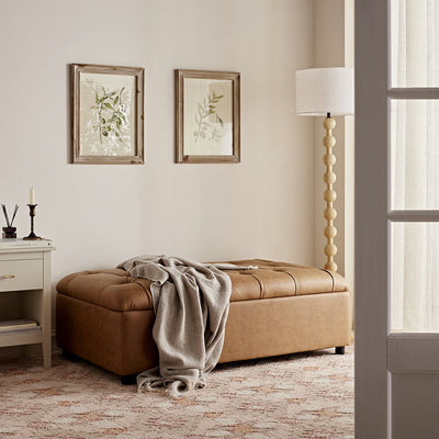 Portland Full size Buttoned Fold-Out Bed in Ottoman, Tan Faux Suede