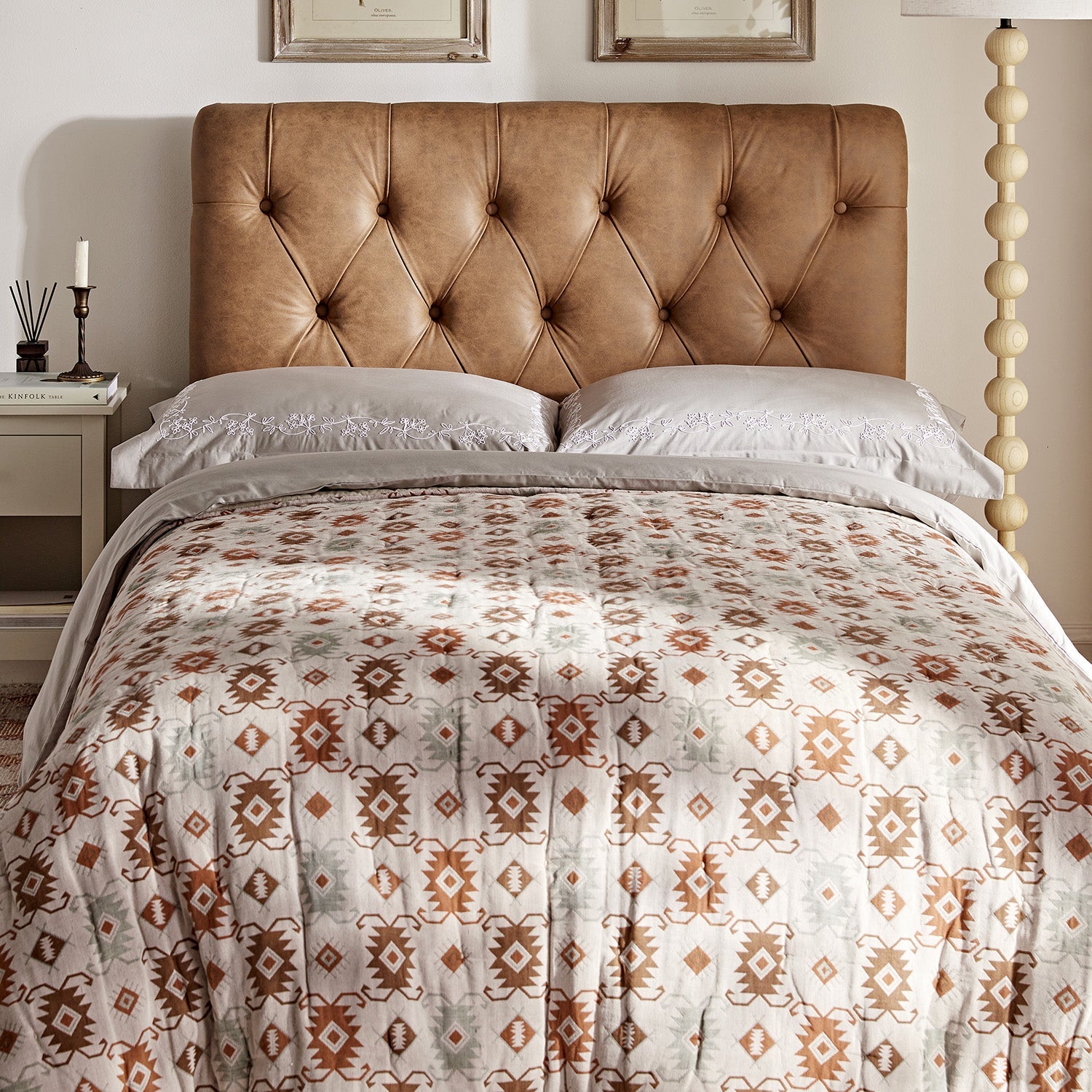 Portland Full size Buttoned Fold-Out Bed in Ottoman, Tan Faux Suede