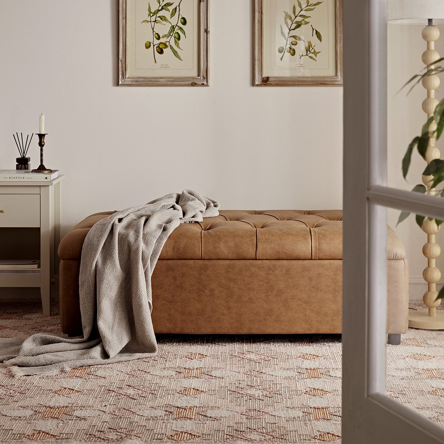 Portland Full size Buttoned Fold-Out Bed in Ottoman, Tan Faux Suede