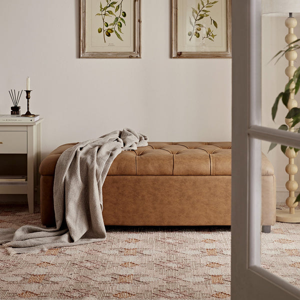 Portland Full size Buttoned Fold-Out Bed in Ottoman, Tan Faux Suede