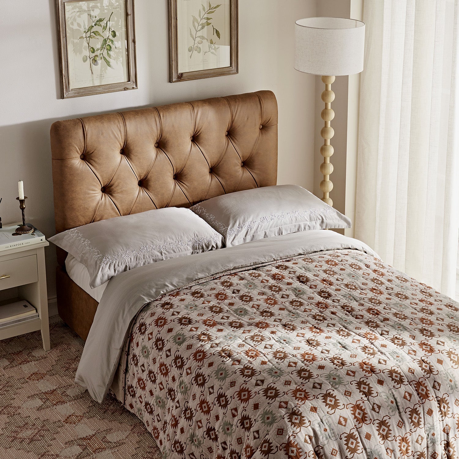 Portland Full size Buttoned Fold-Out Bed in Ottoman, Tan Faux Suede