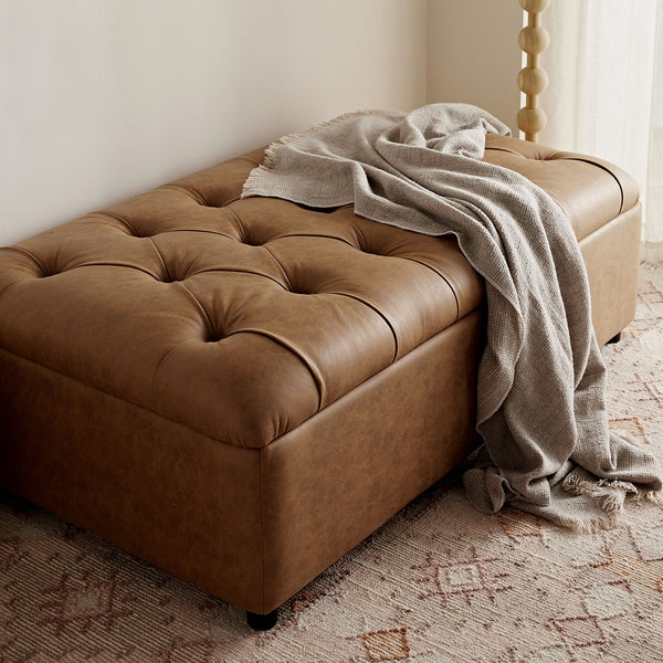 Portland Full size Buttoned Fold-Out Bed in Ottoman, Tan Faux Suede