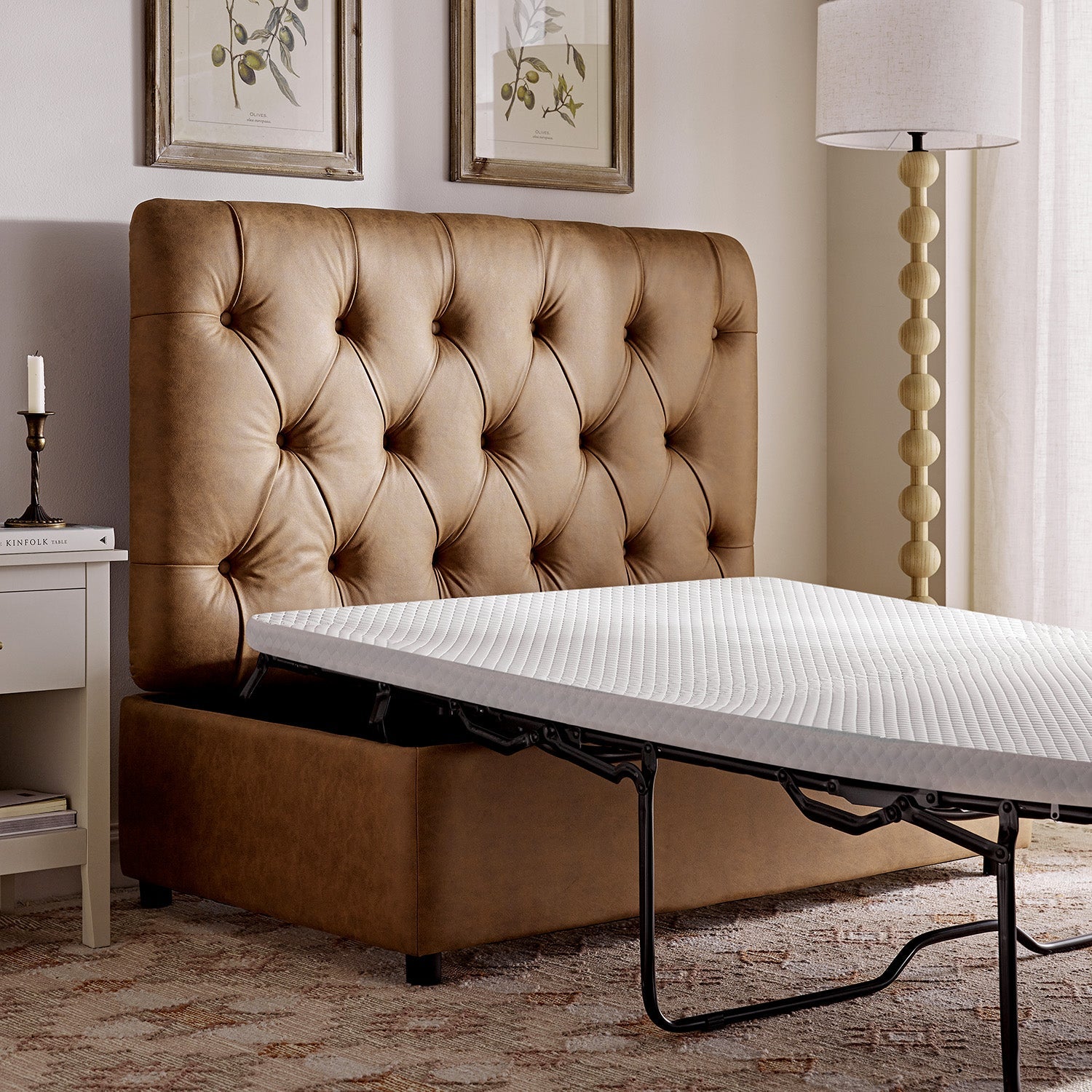 Portland Full size Buttoned Fold-Out Bed in Ottoman, Tan Faux Suede