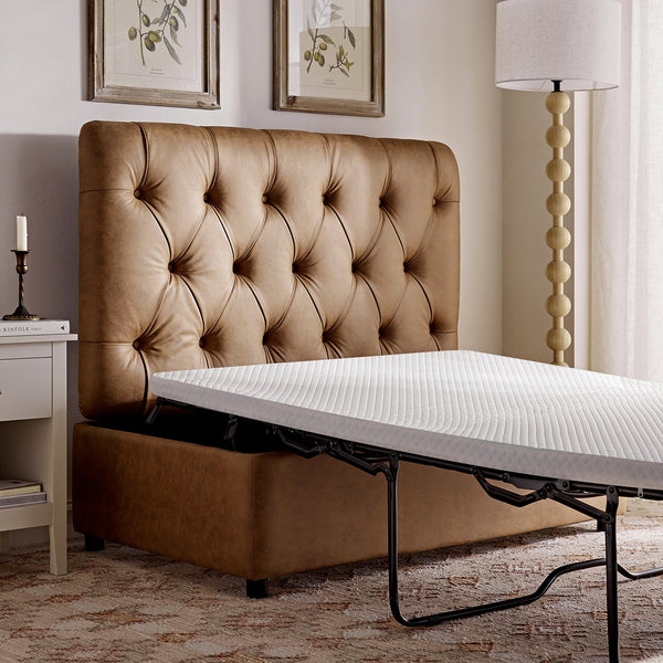 Portland Full size Buttoned Fold-Out Bed in Ottoman, Tan Faux Suede