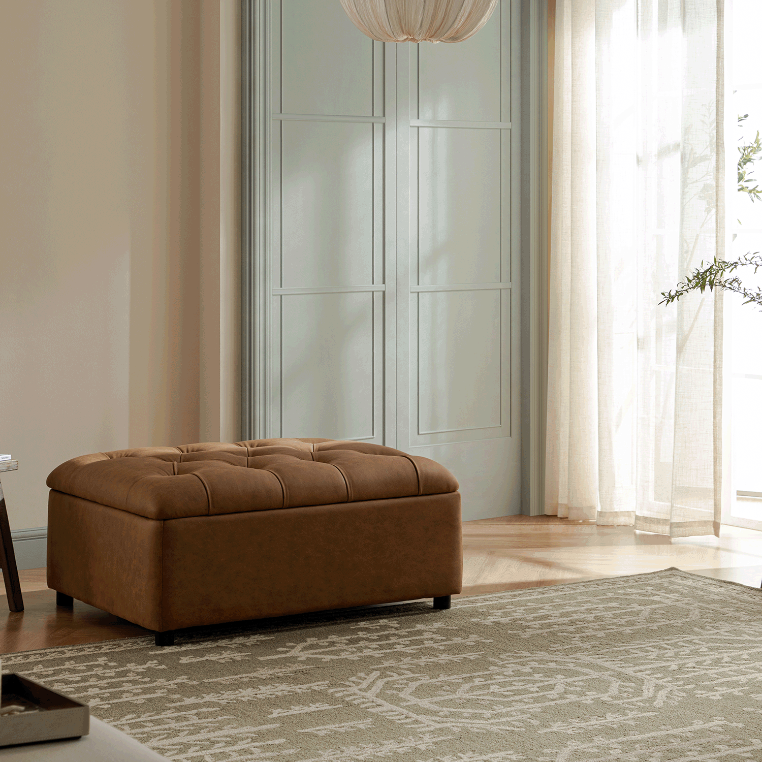 Portland Twin Buttoned Fold-Out Bed in Ottoman, Tan Faux Suede