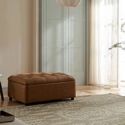 Portland Twin Buttoned Fold-Out Bed in Ottoman, Tan Faux Suede