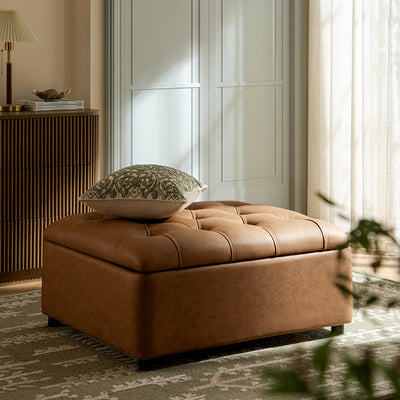 Portland Twin Buttoned Fold-Out Bed in Ottoman, Tan Faux Suede