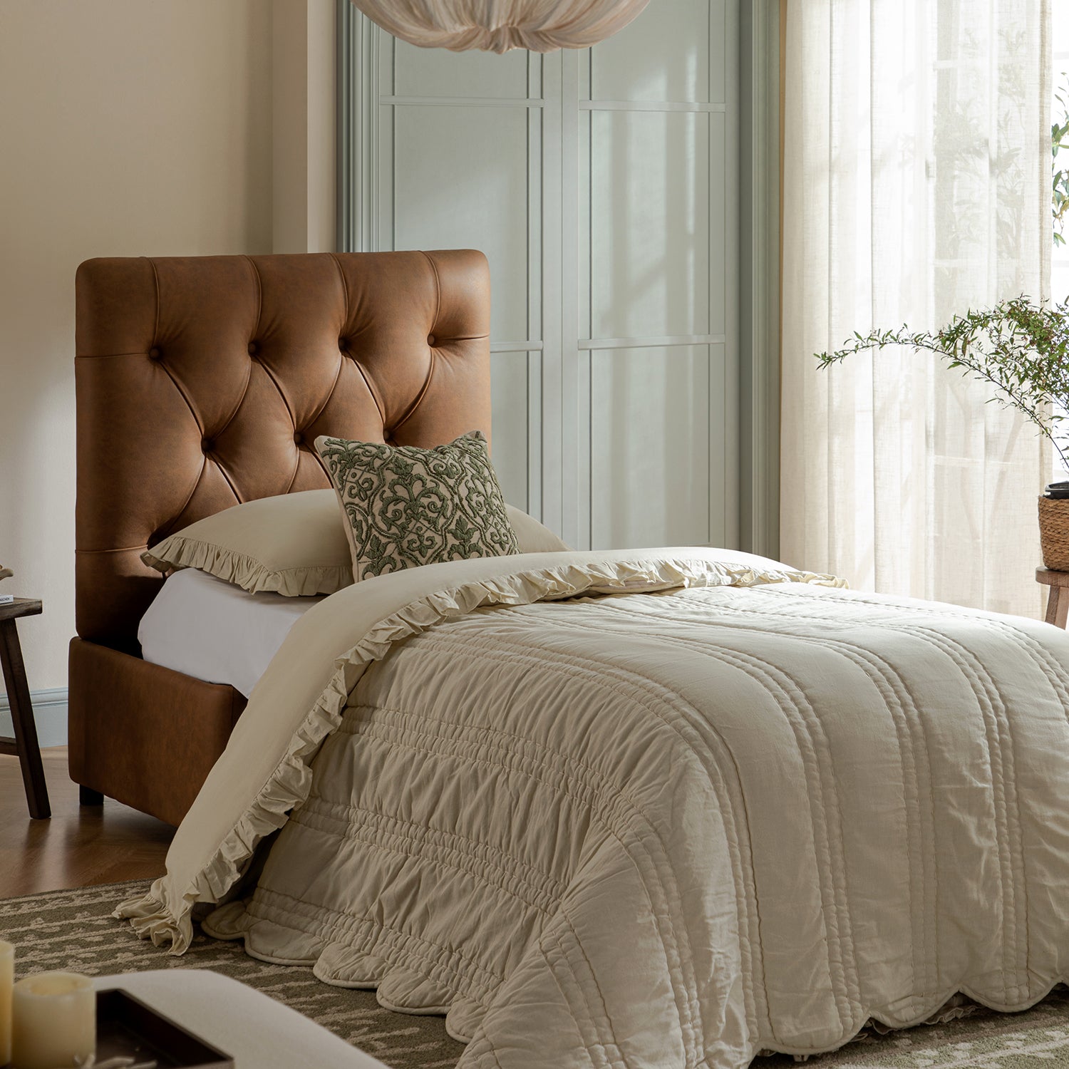 Portland Twin Buttoned Fold-Out Bed in Ottoman, Tan Faux Suede