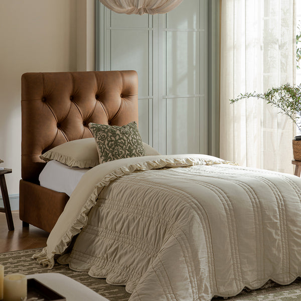 Portland Twin Buttoned Fold-Out Bed in Ottoman, Tan Faux Suede