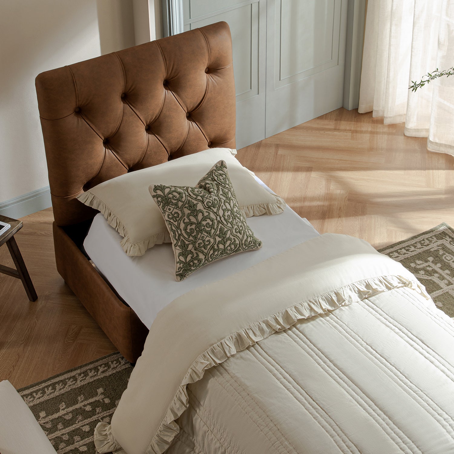 Portland Twin Buttoned Fold-Out Bed in Ottoman, Tan Faux Suede