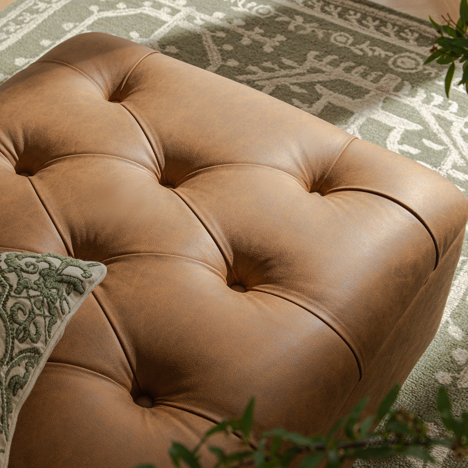 Portland Twin Buttoned Fold-Out Bed in Ottoman, Tan Faux Suede