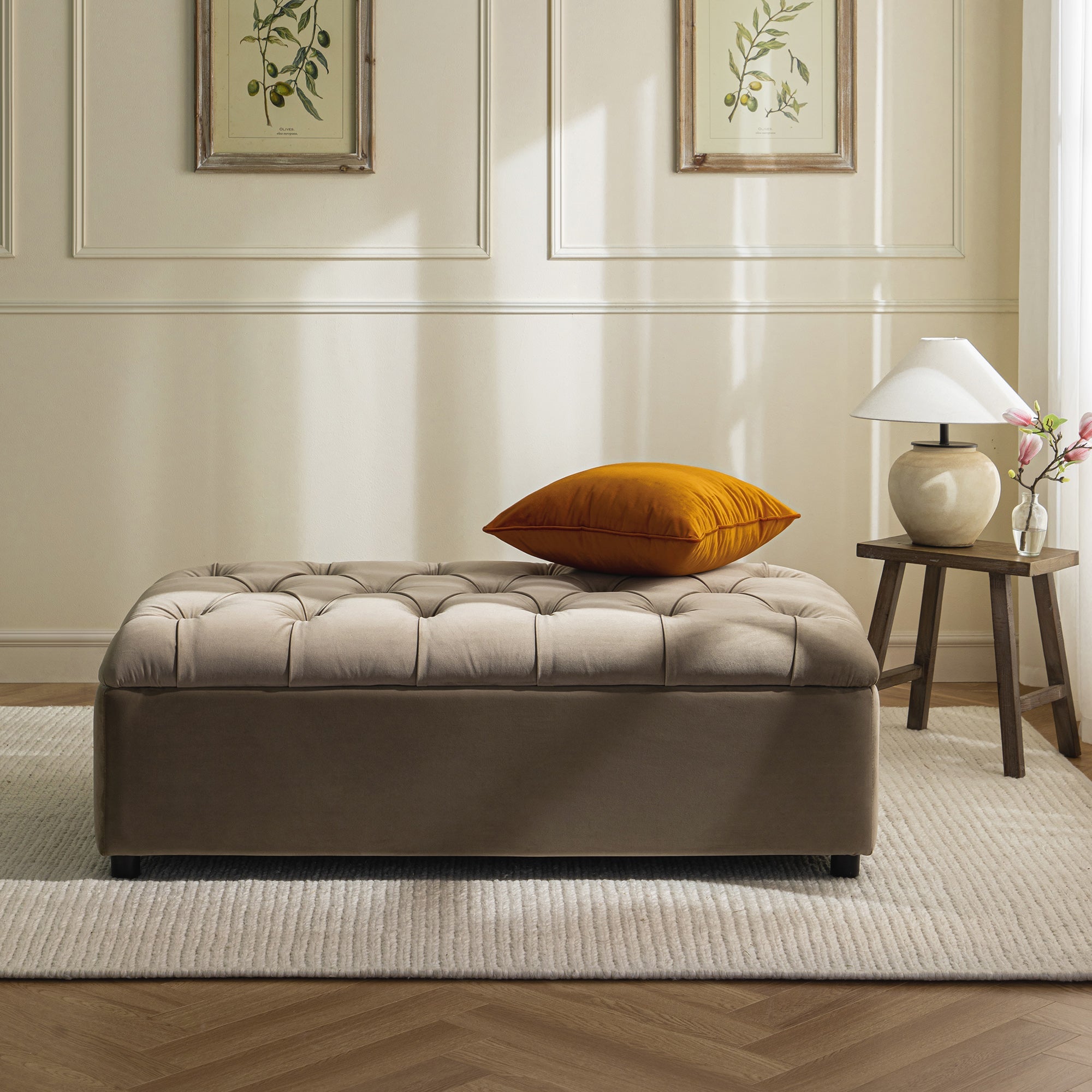 Portland Full size Buttoned Fold-Out Bed in Ottoman, Mink Velvet