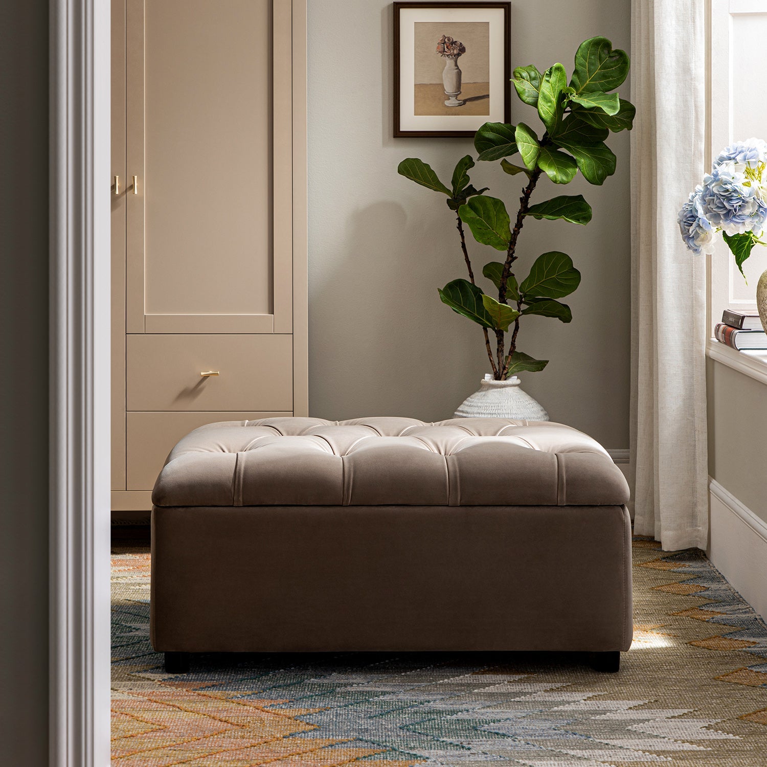 Portland Twin Buttoned Fold-Out Bed in Ottoman, Mink Velvet