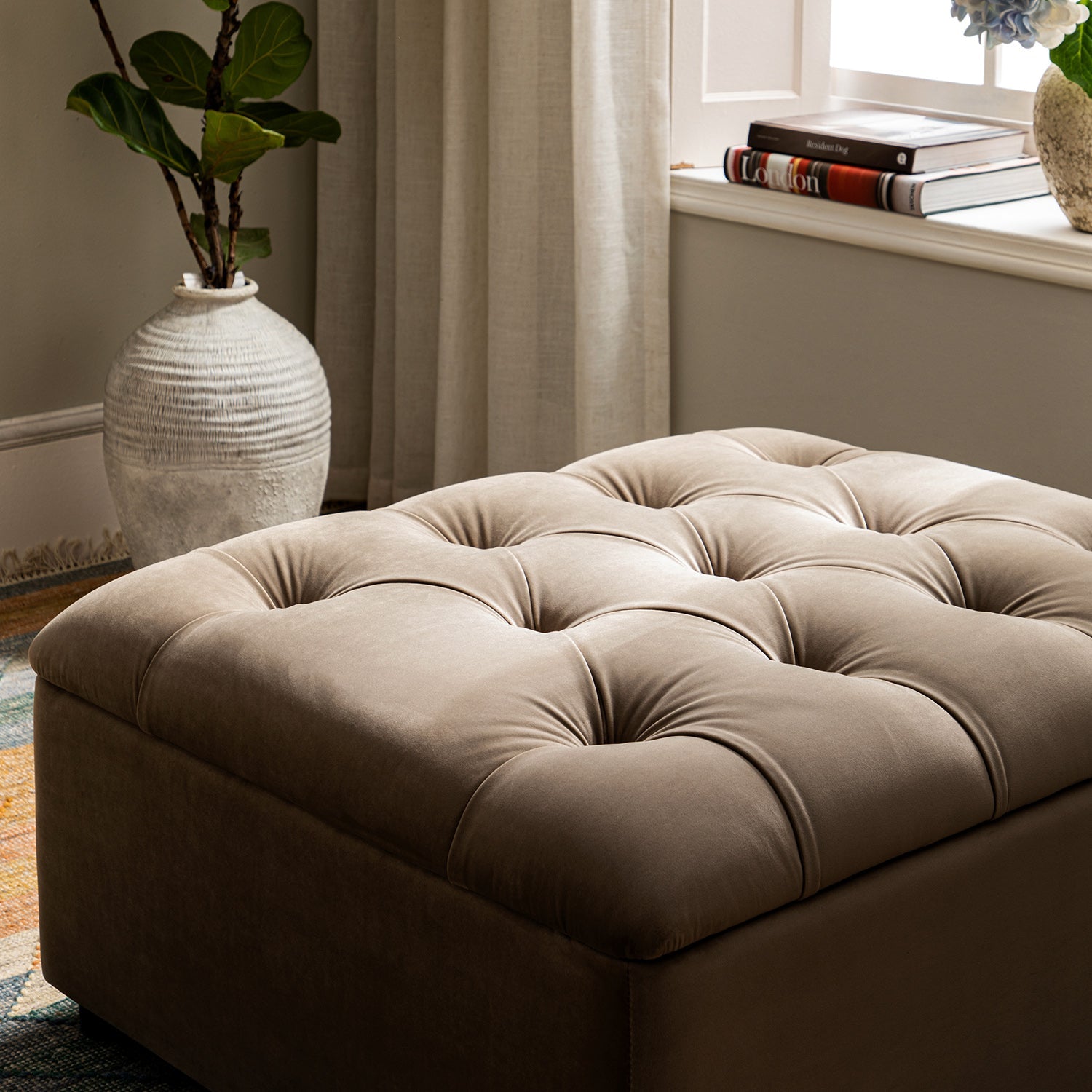 Portland Twin Buttoned Fold-Out Bed in Ottoman, Mink Velvet