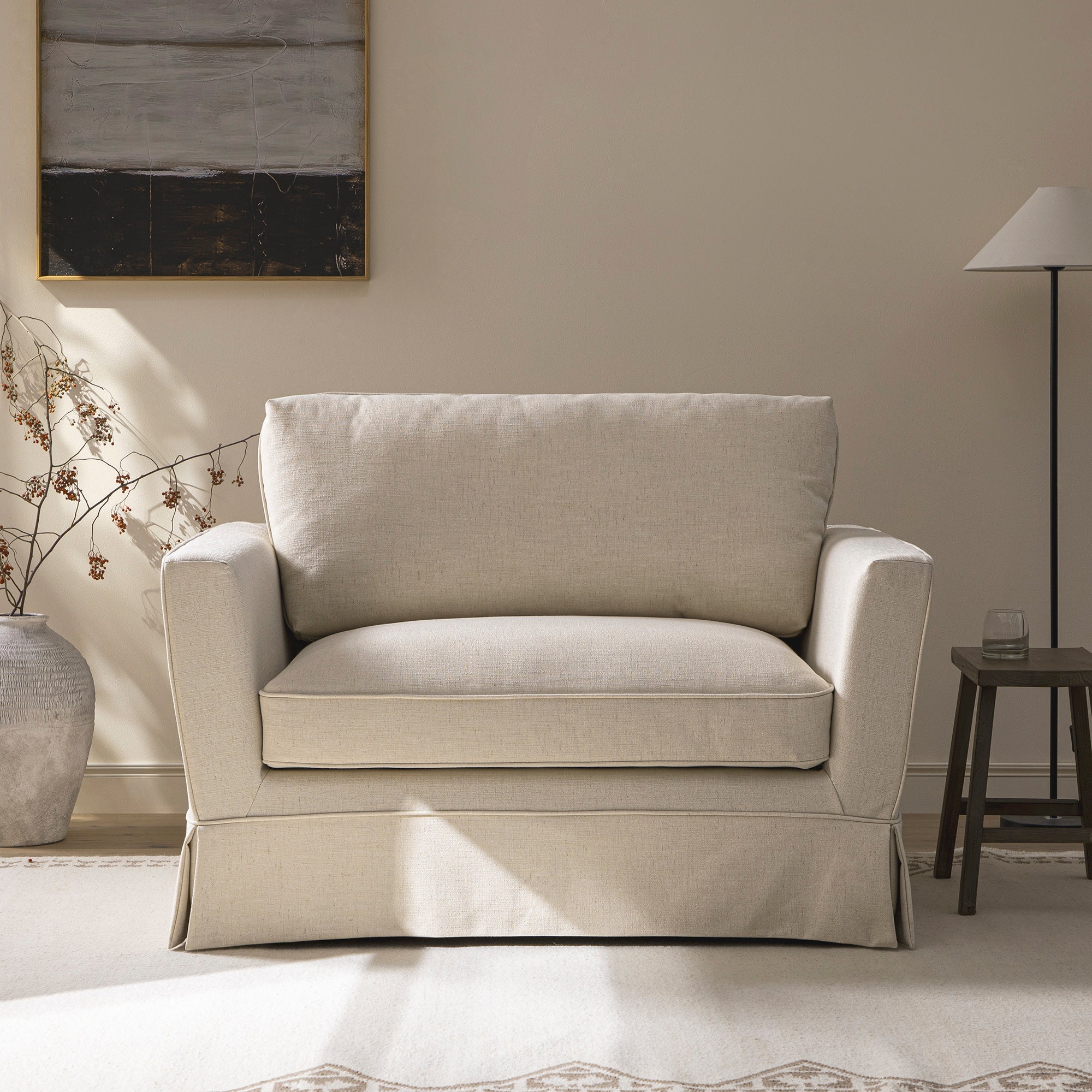 Fitz Skirted Loveseat, Oatmeal Linen Blend