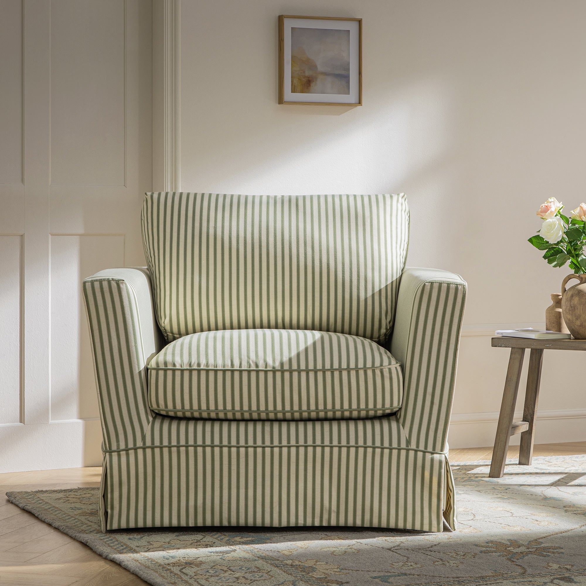 Fitz Skirted Armchair, Sage Striped Linen Blend