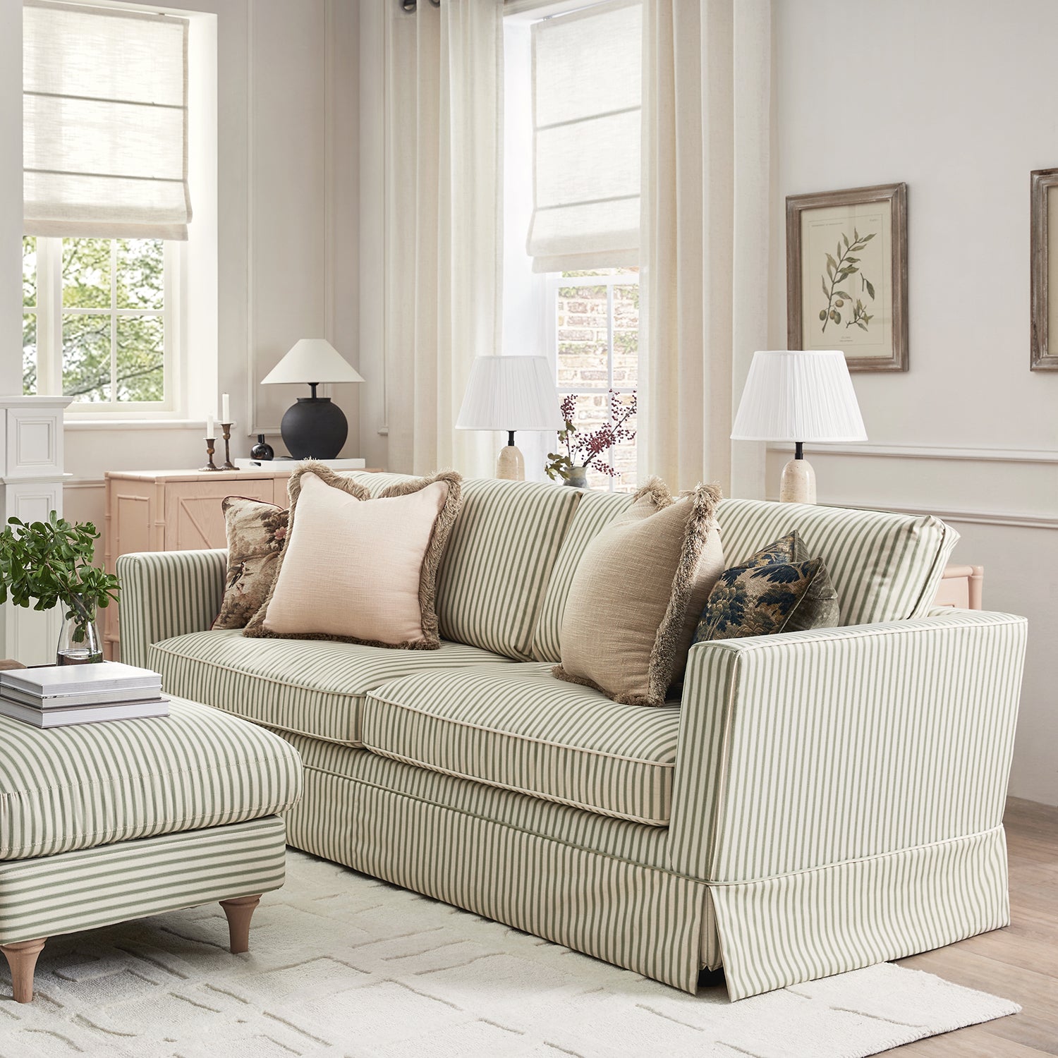 Fitz Skirted Large 3-Seater Sofa, Sage Striped Linen Blend