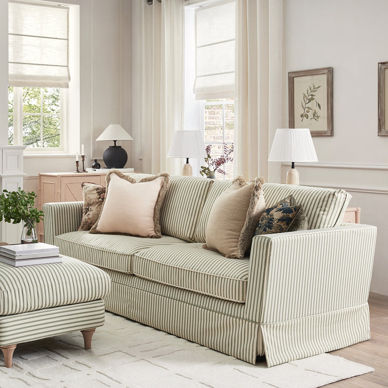 Fitz Skirted Large 3-Seater Sofa, Sage Striped Linen Blend