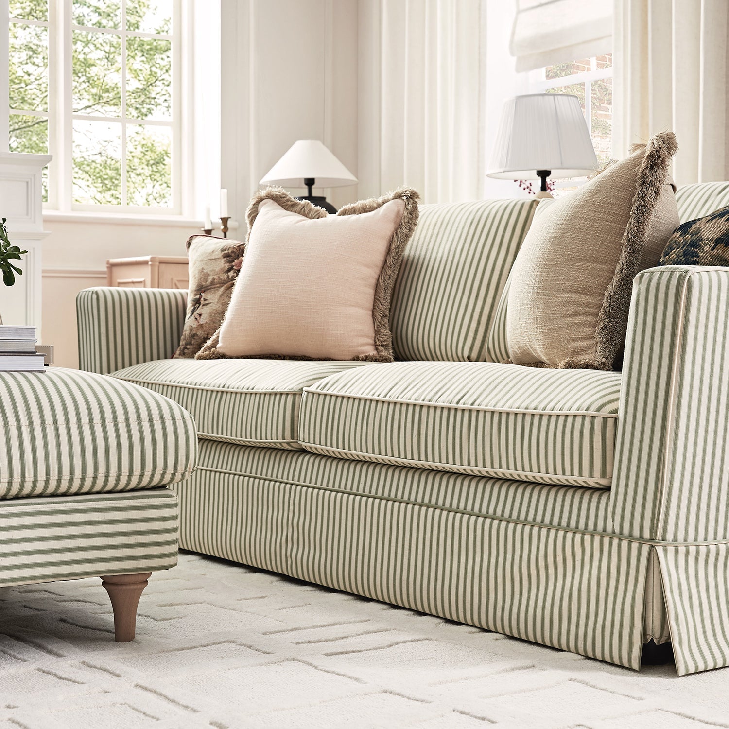 Fitz Skirted Large 3-Seater Sofa, Sage Striped Linen Blend