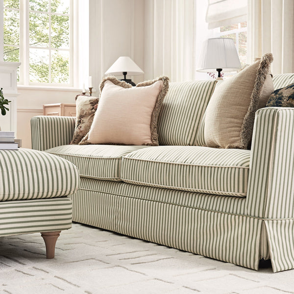 Fitz Skirted Large 3-Seater Sofa, Sage Striped Linen Blend