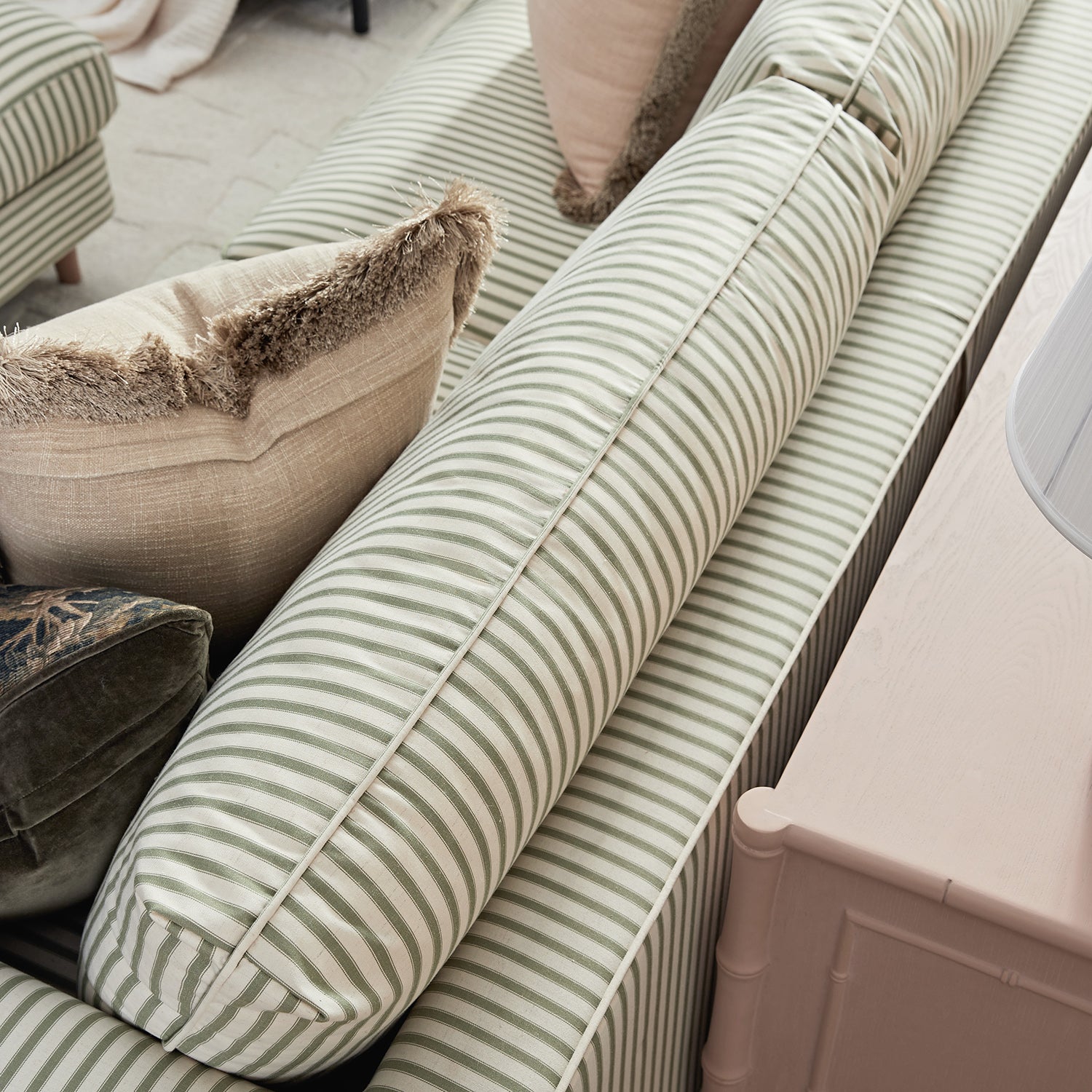 Fitz Skirted Large 3-Seater Sofa, Sage Striped Linen Blend