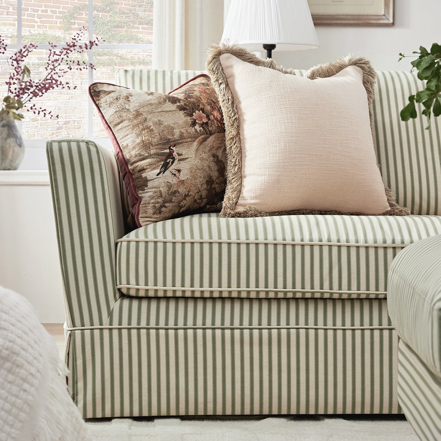Fitz Skirted Large 3-Seater Sofa, Sage Striped Linen Blend