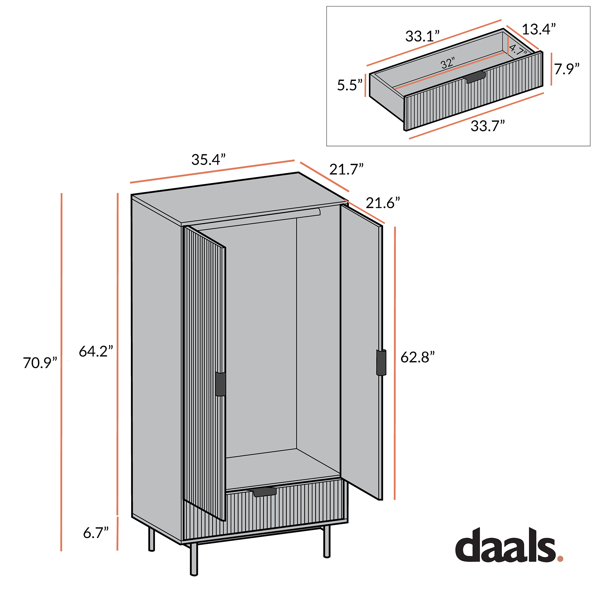 Richmond Ridged Double Closet with Drawer, Matte Black