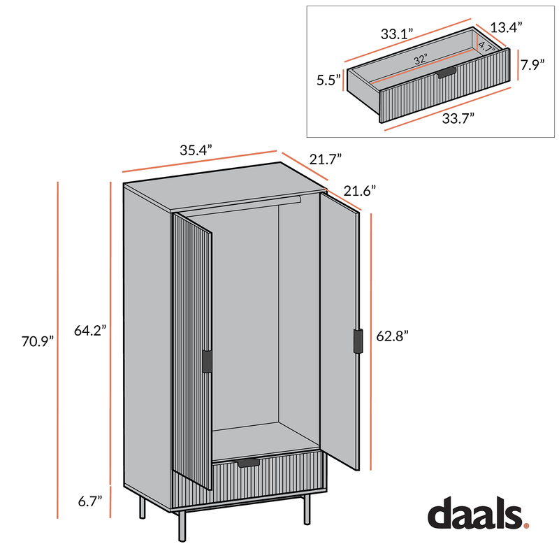 Richmond Ridged Double Closet with Drawer, Matte Taupe