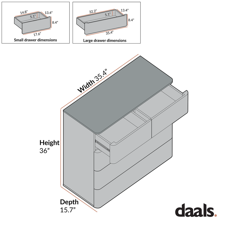 Agnes Curved Edge 5 Drawer Dresser, Off White with Oak Top