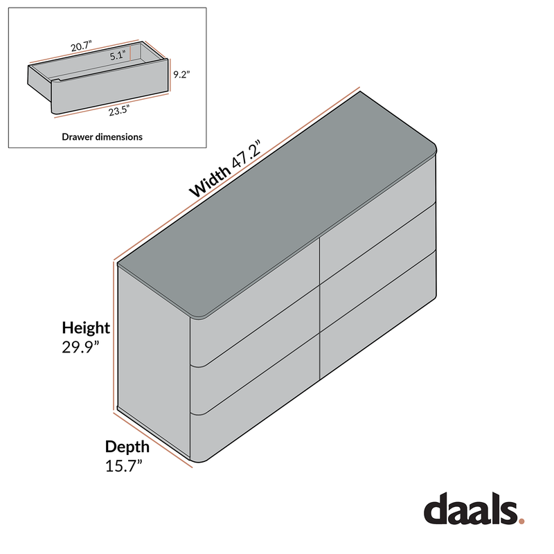 Agnes Curved Edge 6 Drawer Dresser, Off White with Oak Top