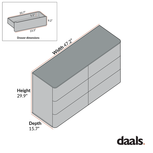 Agnes Curved Edge 6 Drawer Dresser, Dove Gray with Oak Top