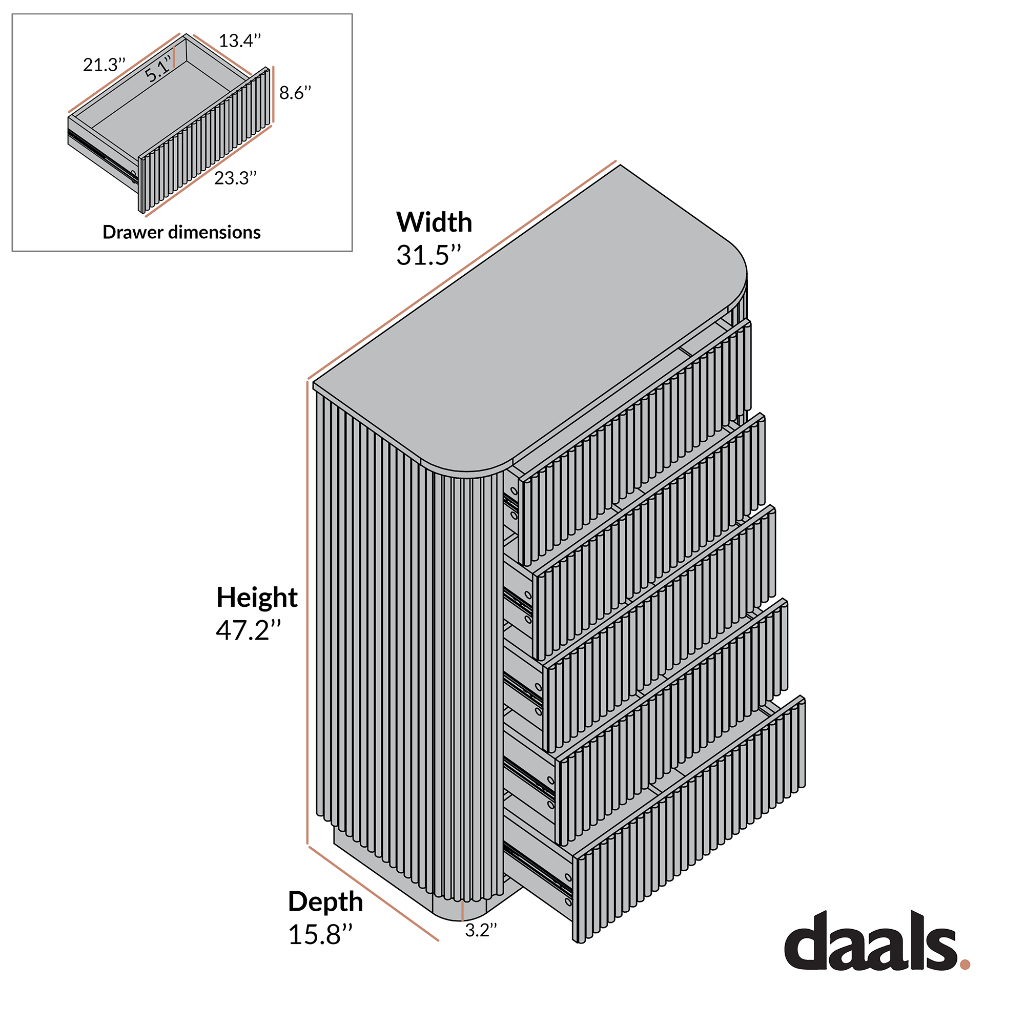 Maru 5 Drawer Dresser, Oak
