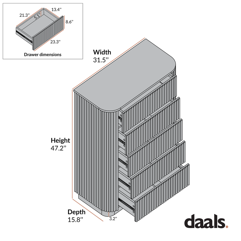 Maru 5 Drawer Dresser, Oak