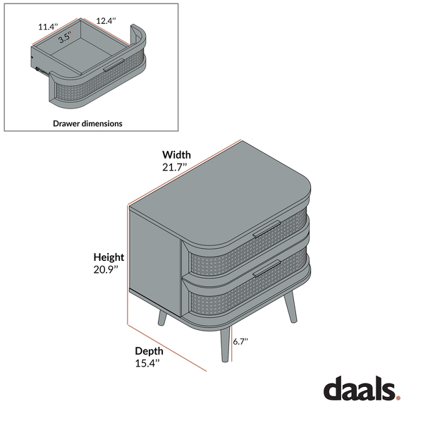Izzy Curved Rattan 2-Drawer Nightstand, Walnut
