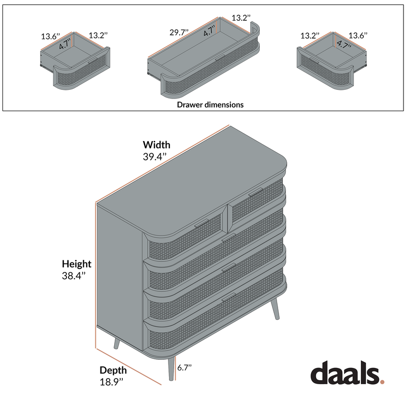 Izzy Curved Rattan 5 Drawer Dresser, White