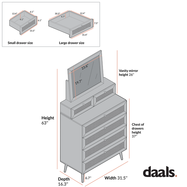 Frances Woven Rattan Tall Vanity Dresser with Mirror, Black