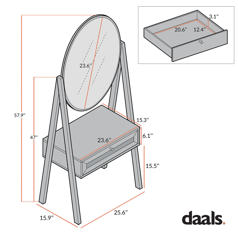 Frances Woven Rattan Standing Vanity Table with Mirror, Natural