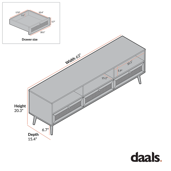 Frances Woven Rattan 63in. 3-Drawer TV Unit, Black